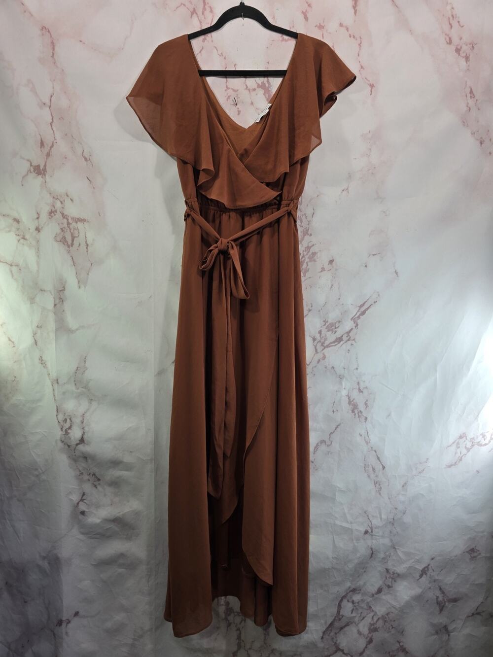Baltic Born Dress Womens Medium Brown Maxi Slit V Neck Ruffle Blouson